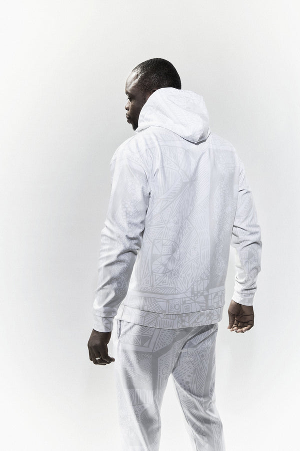 Model wearing BE White on White Hoodie and Joggers — eco fashion, high-vibrational design by Love & Other Necessities