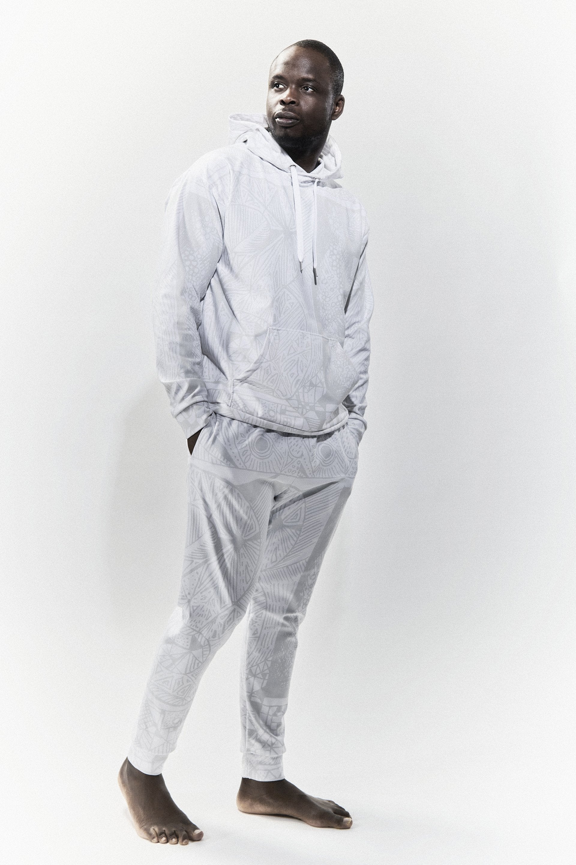 Model wearing BE White on White Hoodie and Joggers — eco fashion, high-vibrational design by Love & Other Necessities