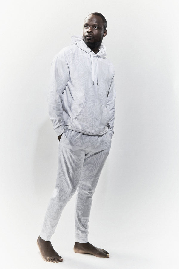 Model wearing BE White on White Hoodie and Joggers — eco fashion, high-vibrational design by Love & Other Necessities