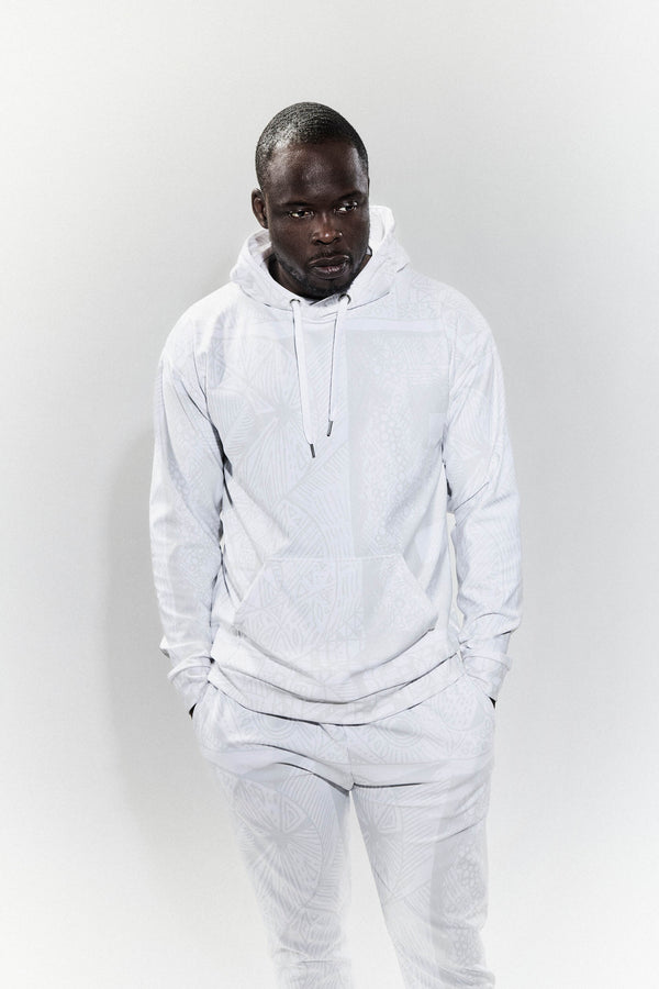 Model wearing BE White on White Hoodie and Joggers — eco fashion, high-vibrational design by Love & Other Necessities